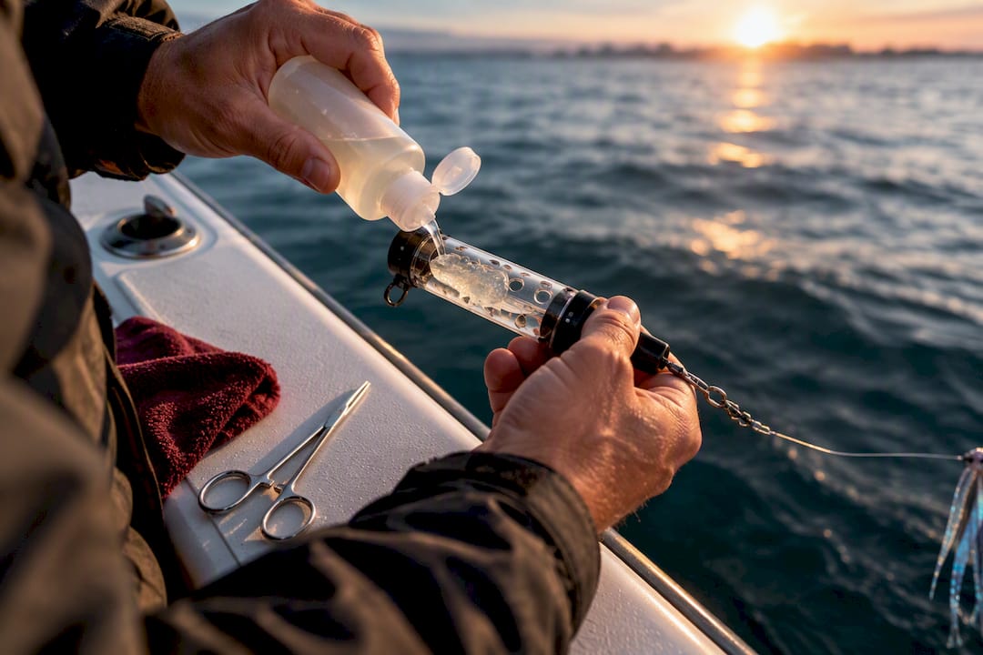 Angler loading a scent chamber rig
