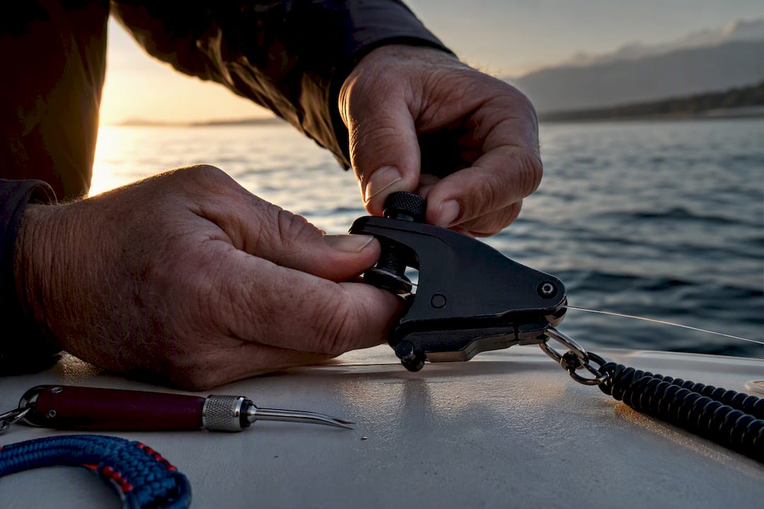 Angler adjusting anonymous downrigger clip tension