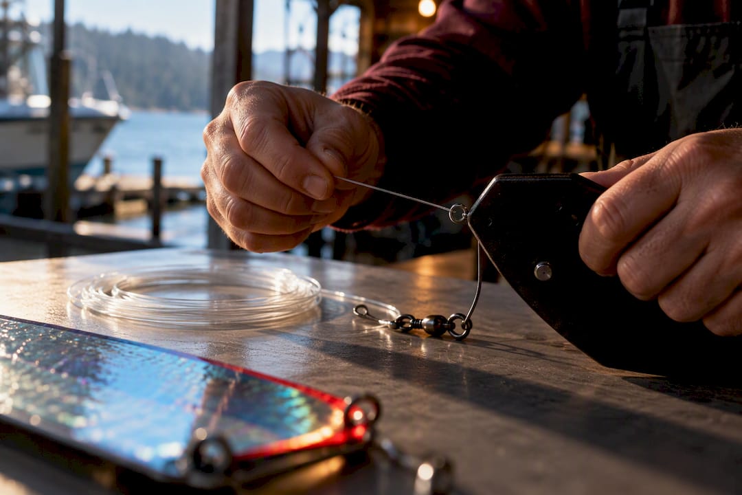 Hands assembling salmon diver rig components