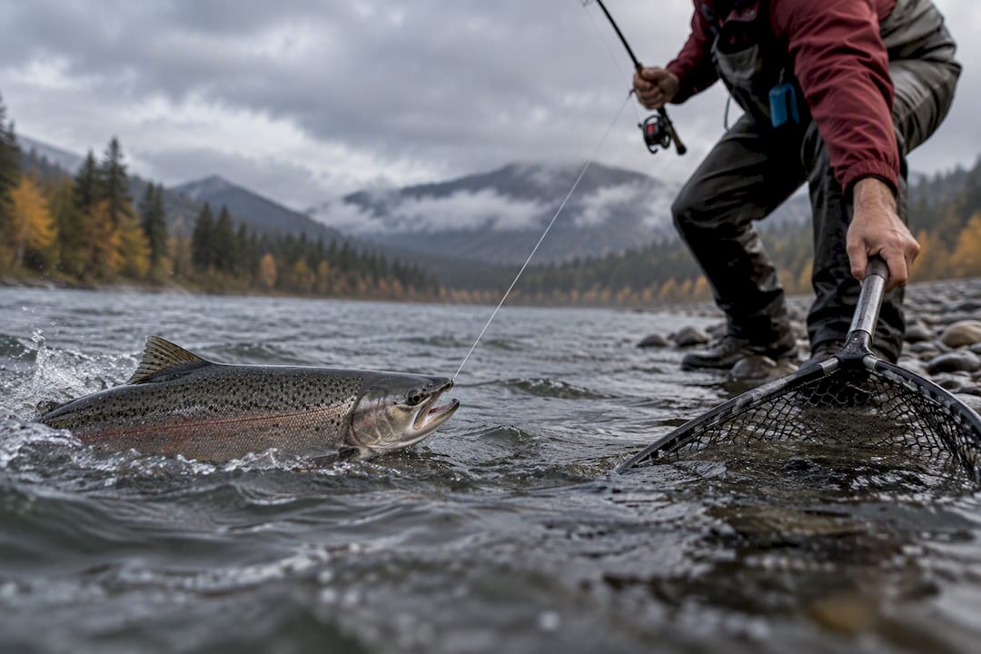 Angler guiding salmon toward landing net