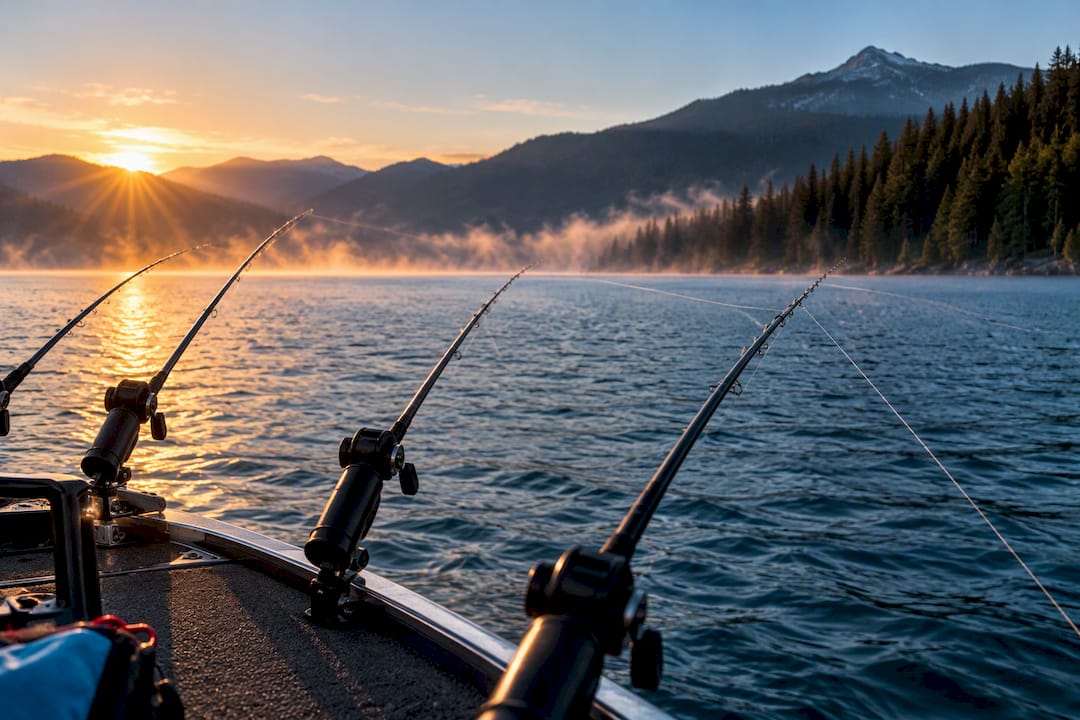 Multiple trolling lines spreading across calm water