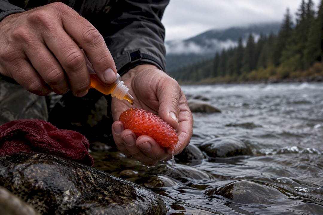 Angler applying scent to salmon roe bait