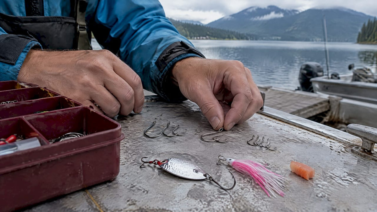 Kokanee hooks and bait on a tackle tray
