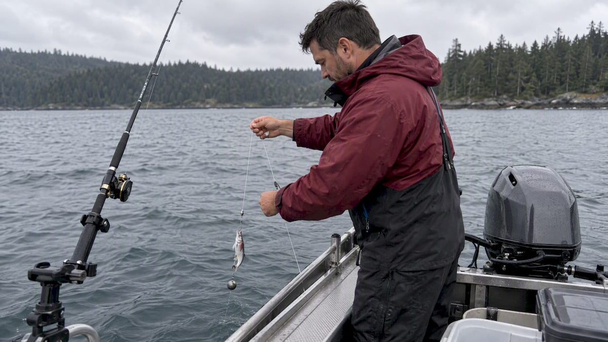 Angler mooching cut-plug herring from boat