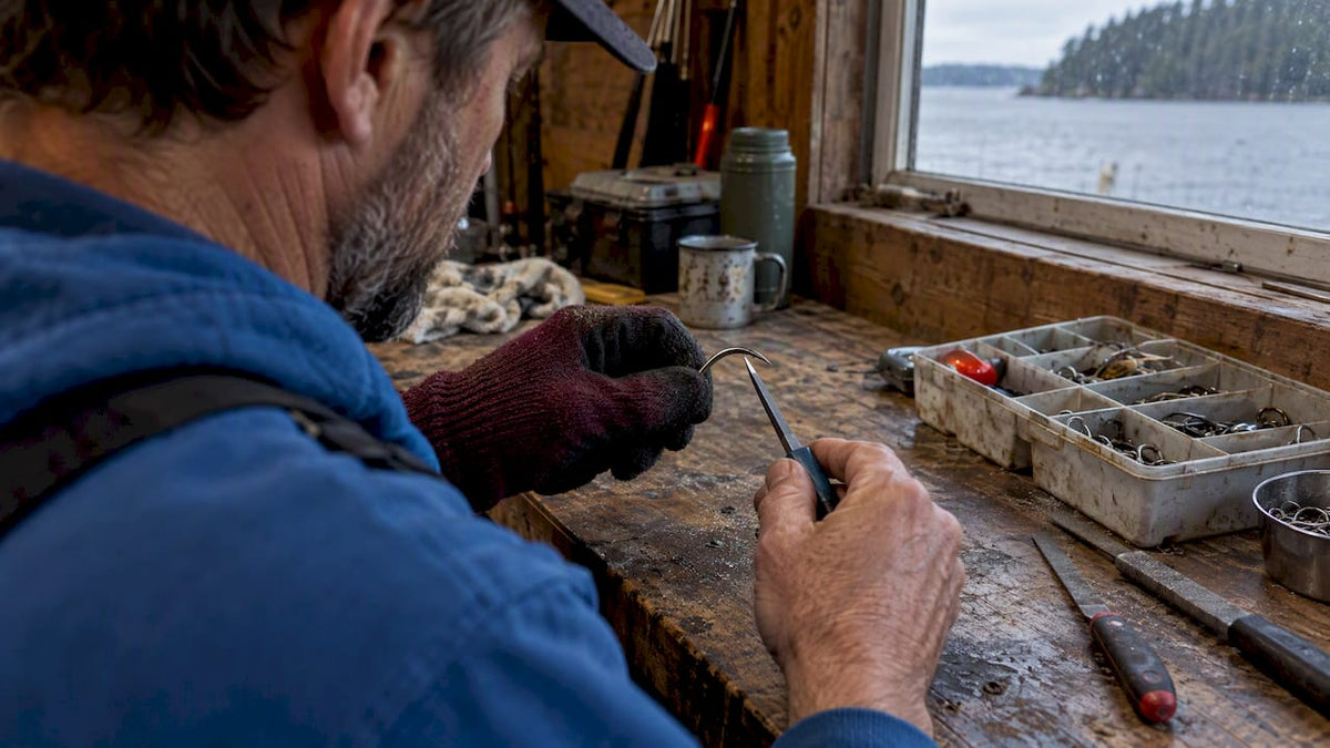 Angler sharpening salmon hook with diamond hone