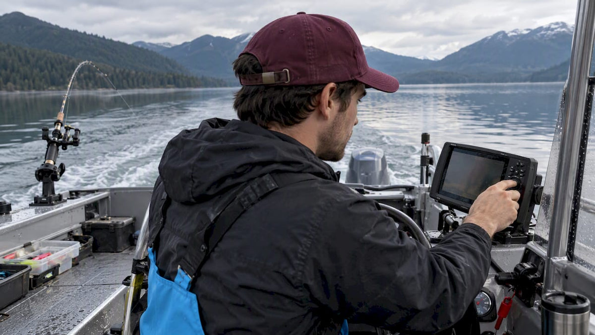 Angler tuning trolling speed on mountain lake